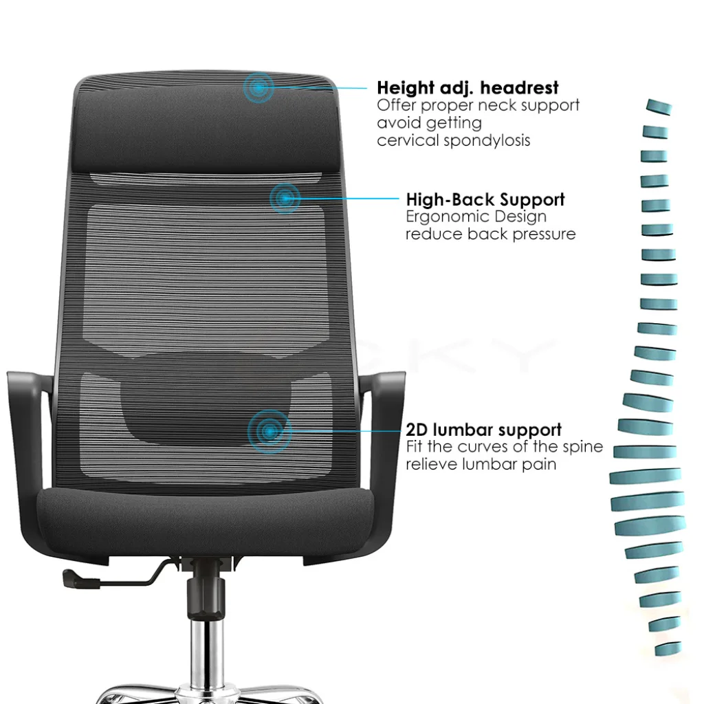 A detailed image of a black mesh ergonomic office chair, highlighting its adjustable headrest, high-back support, and 2D lumbar support. A separate diagram of a human spine is shown to the right, emphasizing back support.