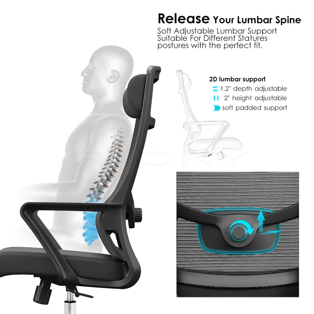 Office chair with adjustable lumbar support for spinal comfort, demonstrated with a human spine graphic.