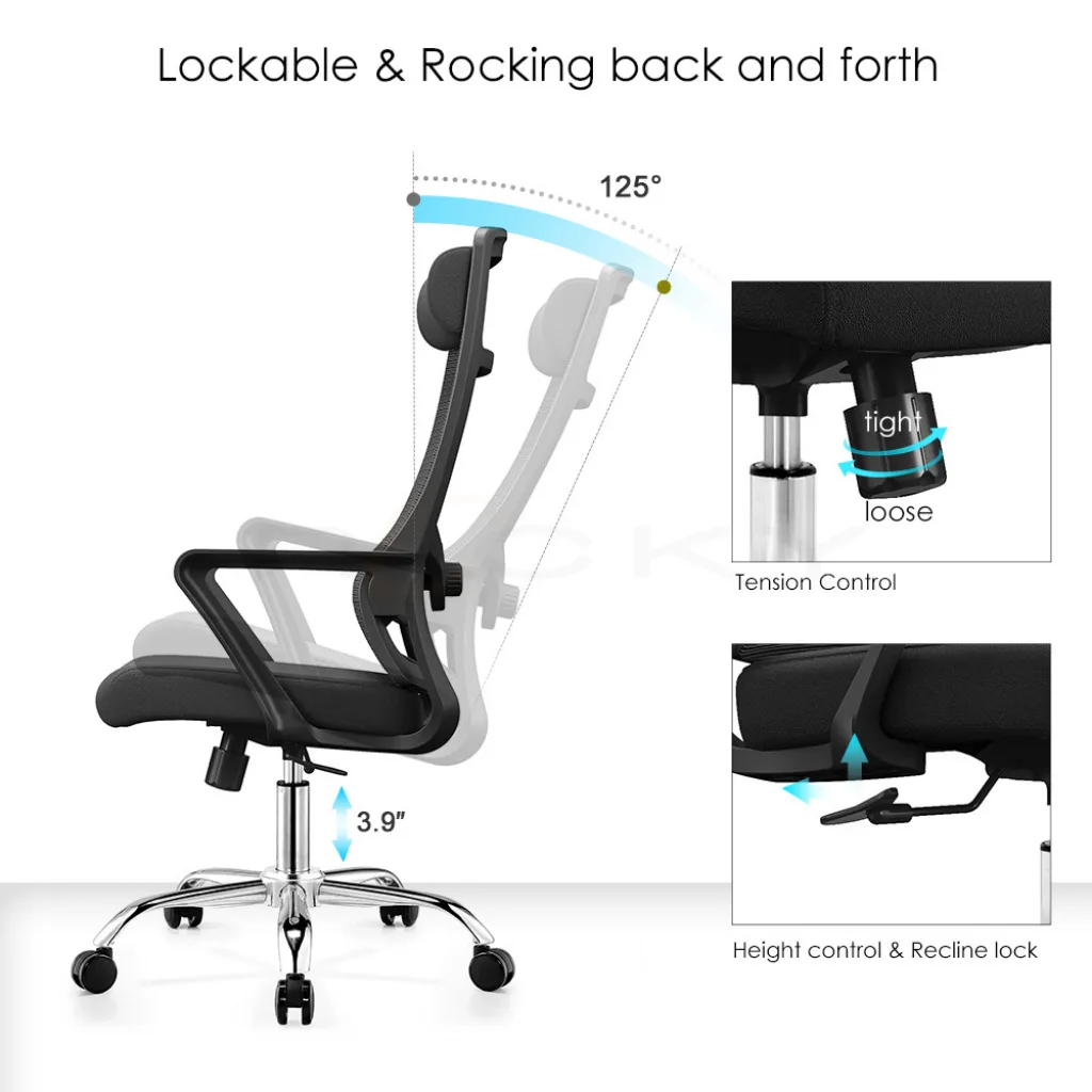 Images demonstrating the lockable and rocking functions of an ergonomic office chair, showing a 125-degree recline, tension control knob, and height adjustment lever.