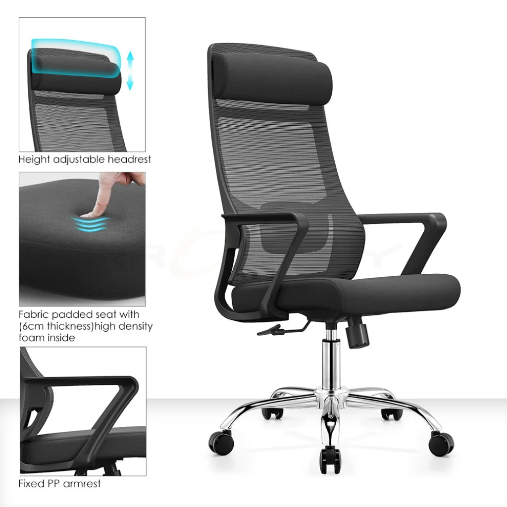 Detailed views of an ergonomic office chair's features: height-adjustable headrest, fabric padded seat with high-density foam, and fixed PP armrests.