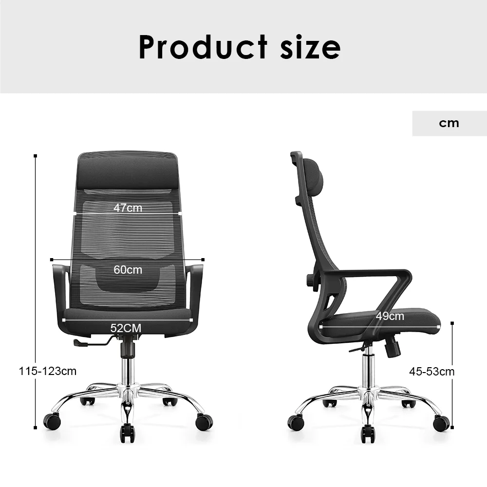 Front and side views of a black ergonomic office chair with detailed product dimensions in centimeters, showing overall height (115-123cm), back width (47cm), seat width (52cm), seat depth (49cm), and seat height range (45-53cm).