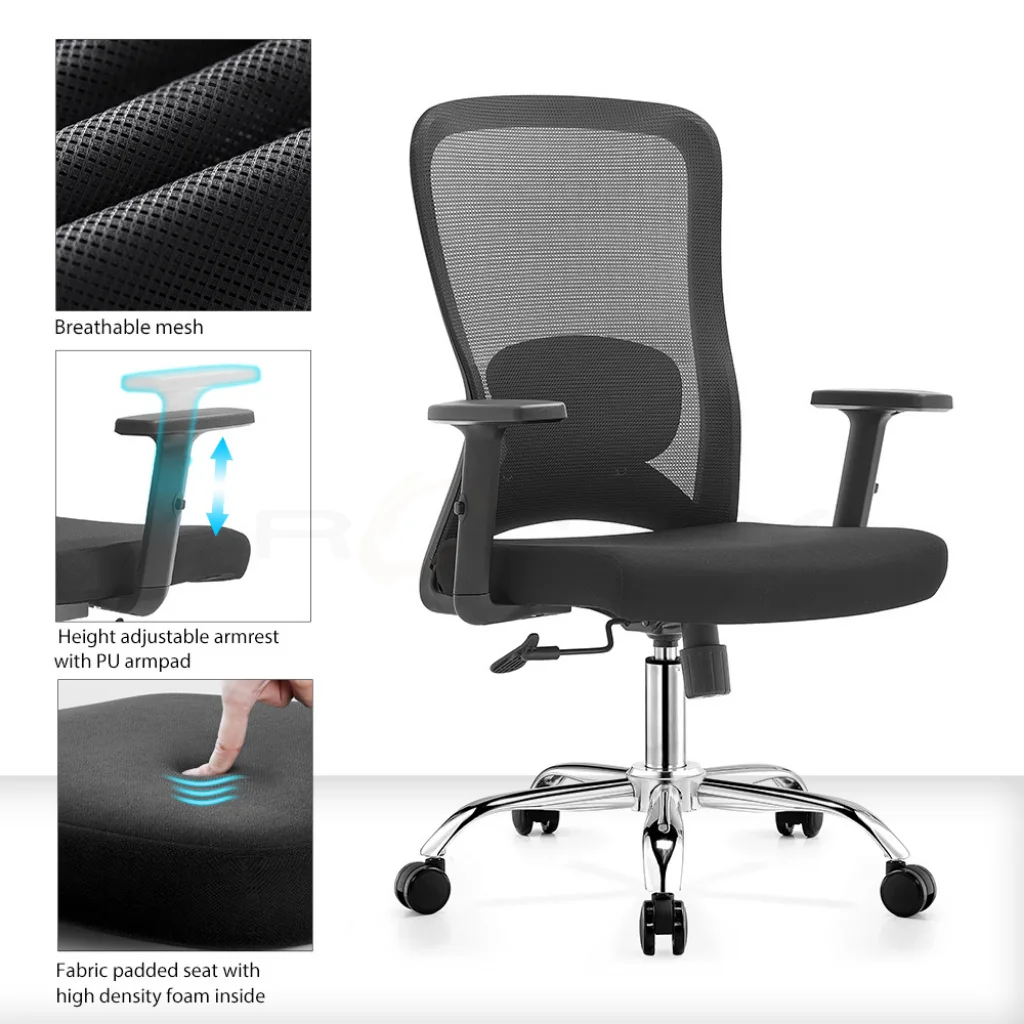 Detailed views of the B-9012 chair's features: breathable mesh, fabric padded seat with high-density foam, and adjustable armrests.