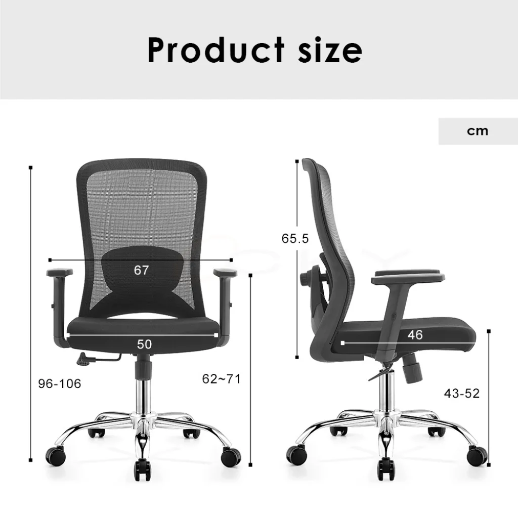 Front and side views of the B-9012 chair with detailed product dimensions in centimeters, showing overall height (96-106cm), back width (67cm), seat width (50cm), seat depth (46cm), and seat height range (43-52cm).